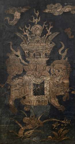 Framed panel Chinese, 19th Century painted with a ceremonial temple dog amongst Buddhist symbols,