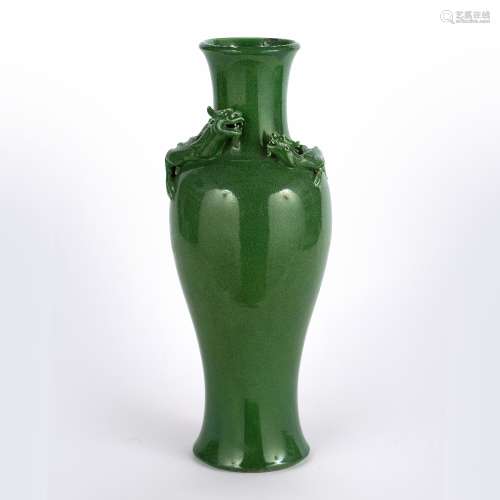 Tea green glaze vase Chinese, 19th Century with two dragons extruding, meeting in the middle, 36.5cm