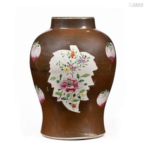 Cafe-au-lait glaze vase Chinese, 18th/19th Century with two leaf shaped panels to the body with