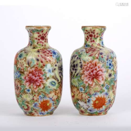 Pair of miniature Mille fleurs decorated vases Chinese, 19th Century decorated to the body with