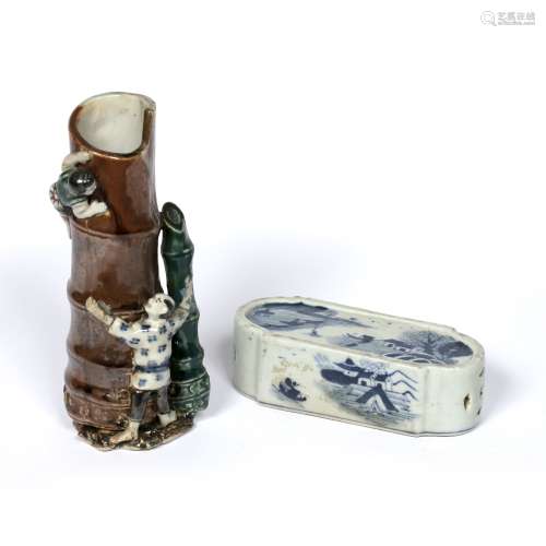 Export porcelain spill case Chinese, 18th Century styled as a hollow brown glazed bamboo section