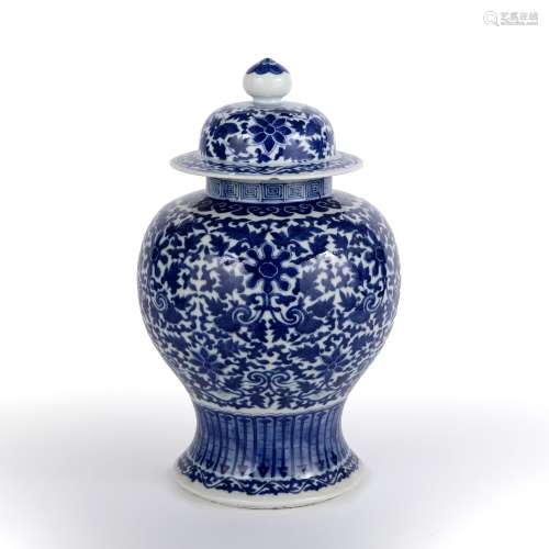 Blue and white baluster vase and cover Chinese, 19th Century decorated to the body with tightly