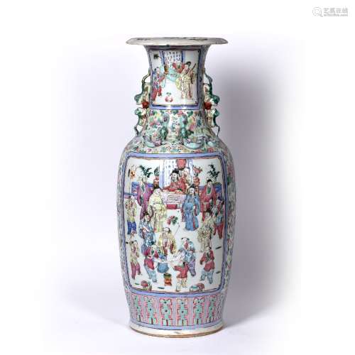 Canton famille rose vase Chinese decorated to the body with two central panels depicting an