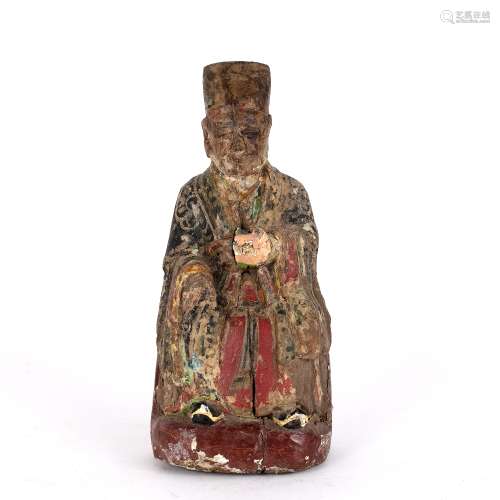 Wooden seated lohan figure Chinese, late 17th Century traces of original and later painting, 30cm