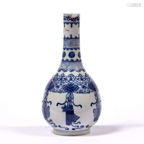 Blue and white bottle vase Chinese, 19th Century decorated to the body with objects hanging, below a