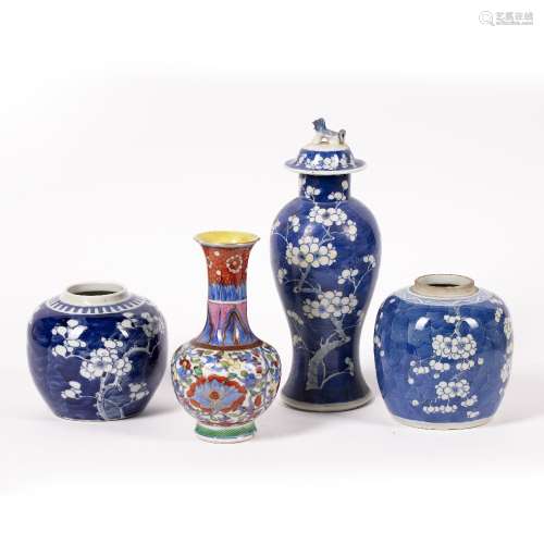 Two blue and white ginger jars Chinese, 19th Century decorated in prunus leaf decoration, with a