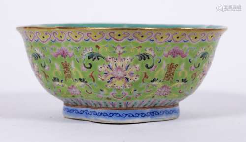 Green enamel decorated bowl Chinese, 19th Century depicting a flowering plants with shou