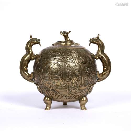 Bronze engraved ovoid censer and cover, Chinese, 19th Century with dragon handles and finial, 24cm