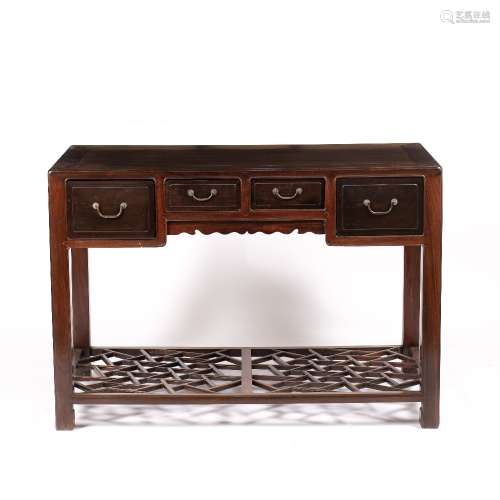 Blackwood desk Chinese with cracked-ice base and fitted four drawers,121cm across, 66cm deep, 84cm