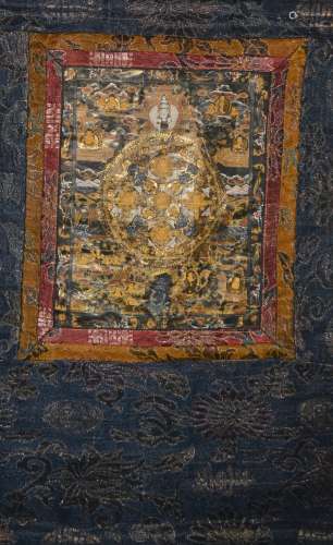 Small thangka Tibetan with silk borders, image size 29cm x 33cm