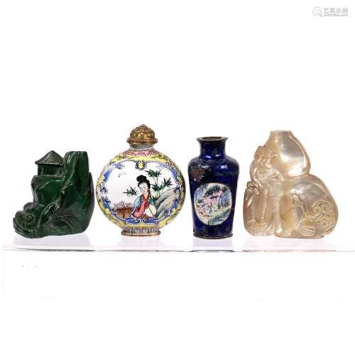 Four snuff bottles Chinese comprising a mother of pearl snuff bottle carved as a double gourd object