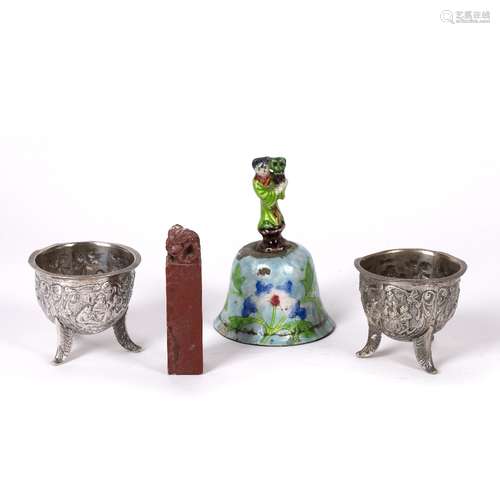 Group of small pieces Chinese to include an enamel bell, with a stylized handle modelled as a child,