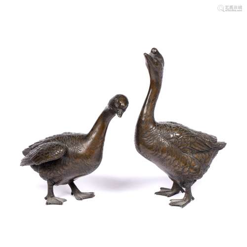 Pair of bronze model geese Japanese, Meiji period the standing birds with neck raised and craning