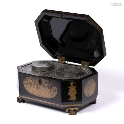 Export lacquer tea caddy Chinese decorated to the exterior in gold depicting temples and figures,