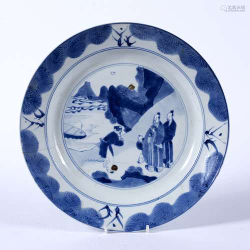 Blue and white dish Chinese, Kangxi Period (1662-1722) decorated to the interior with a central