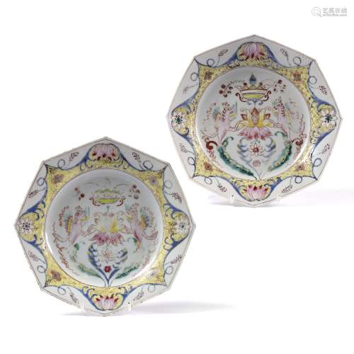 Pair of porcelain 'Armorial' octagonal plates Chinese, Yongzheng period each probably London