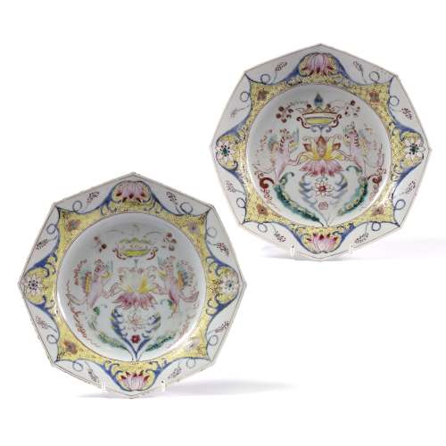 Pair of porcelain 'Armorial' octagonal plates Chinese, Yongzheng period each probably London