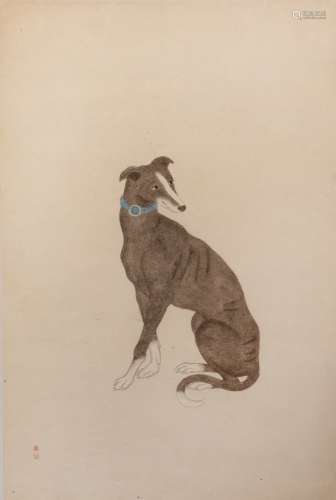 Study of a hound Chinese pencil and ink, depicted sitting with his head turned, in a contemporary