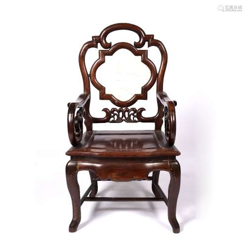 Hardwood and marble inset armchair Chinese with shaped back and scroll arms, 103cm high, 56cm