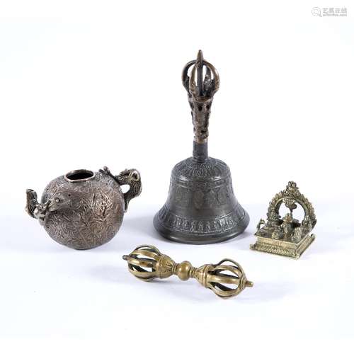 Four ritual items Tibetan, 19th Century comprising of a bronze ghanta with incised decoration to the