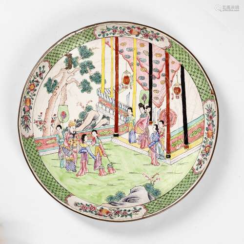 Canton enamel shallow dish Chinese, 18th/19th Century depicting a court official and attendants in a