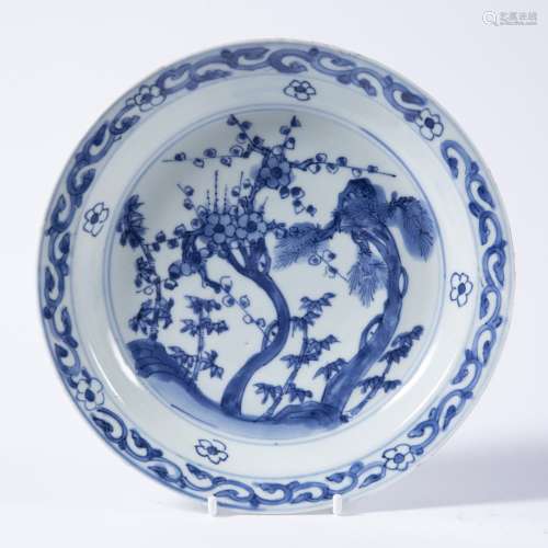 Shallow porcelain blue and white dish Chinese, 18th Century painted with bamboo and flowering cherry