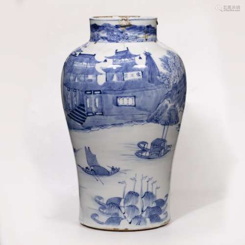 Blue and white jar Chinese decorated to the body with a river scene with boats and fishermen, 29.5cm