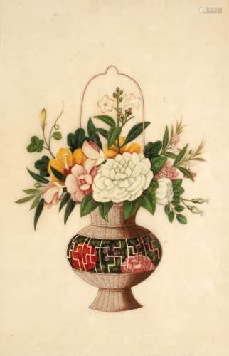 Chinese School, 19th Century export painting in gouache on pith paper of a flower basket, 24cm x