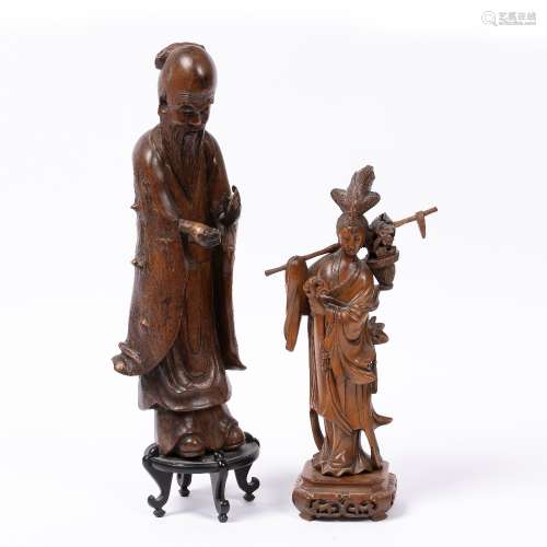 Carved wooden model of Shou Lao Chinese, 20th Century with one arm outstretched, on a raised lacquer