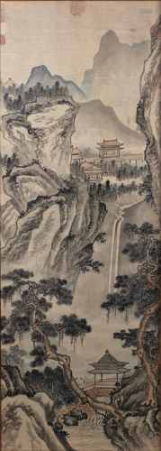 Painted silk panel Chinese, 20th Century depicting a waterfall landscape, 86cm x 30cm