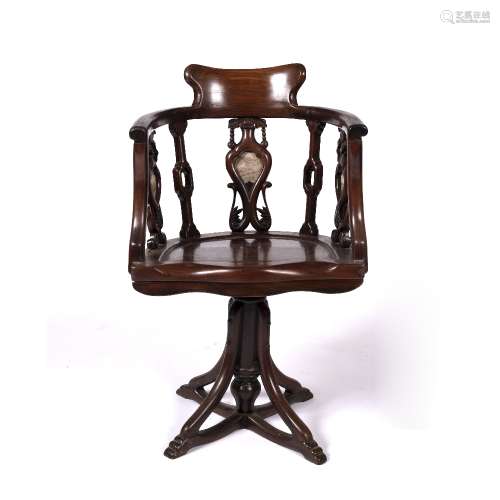 Hardwood and marble inset swivel chair Chinese with carved rail back, 49cm across, 84cm high