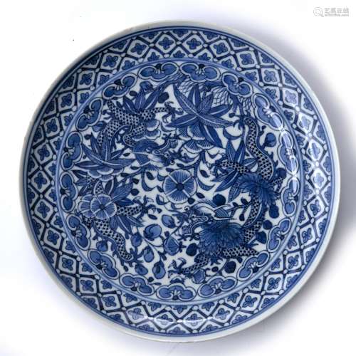 Blue and white porcelain dish Chinese, 19th Century with dragons and lotus flowers, four character
