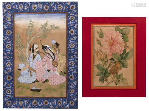 Watercolour of perching birds and flowers 19th Century Gul-o-bulbul on paper, 20cm x 14cm, and