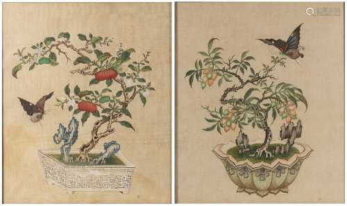 Pair of painted pictures on silk Chinese, 20th Century depicting fruiting plants from archaic