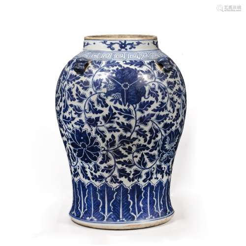Blue and white vase Chinese, 19th Century decorated to the body in Indian lotus, with four lug