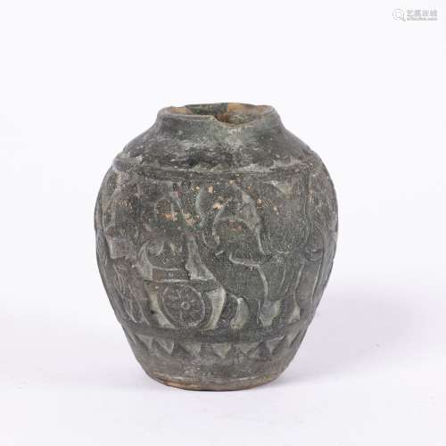 Laqabi type vase Persian of moulded form with a band of elephants and birds, old label to the