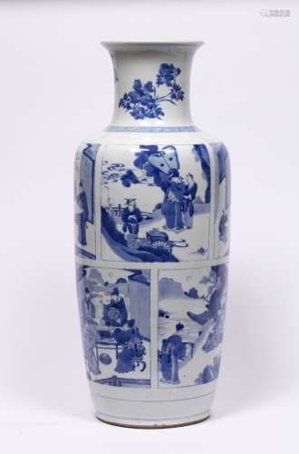 Blue and white rouleau vase Chinese, Kangxi period (1661 - 1722) painted with panels around the body