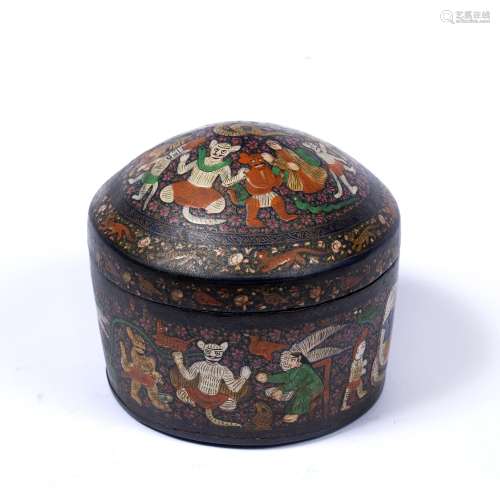 Turban lacquer box Indian decorated in polychrome colours with figures and animals, 12.5cm x 14cm