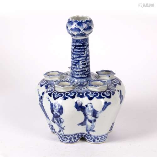 Blue and white tulip vase Chinese, 19th Century with five compartments, the sides painted with