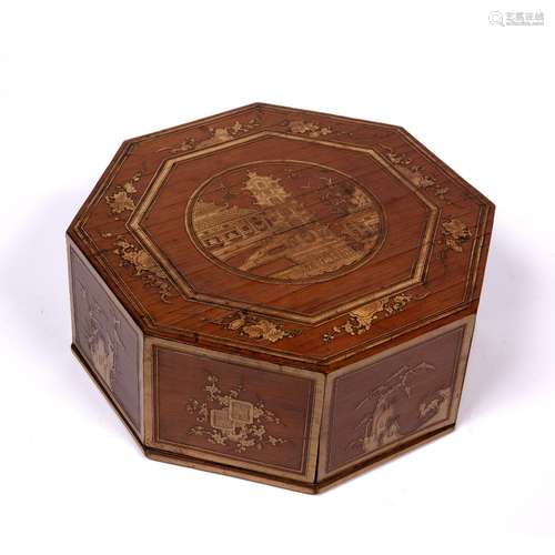 Bamboo octagonal box and cover Chinese, 19th Century the top having a roundel depicting various