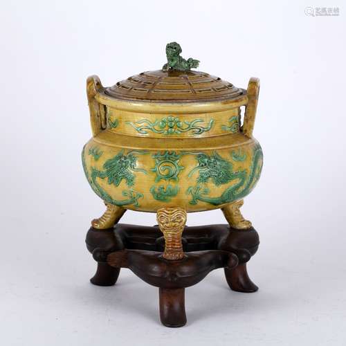 Sancai glaze yellow censer Chinese, 19th Century decorated to the body with a central dragon in