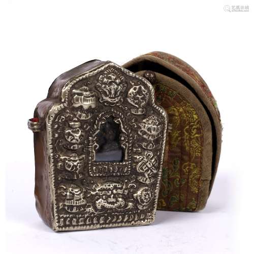 Travelling amulet (gau) Tibetan with repousse silver metal front and silk case, the glass front
