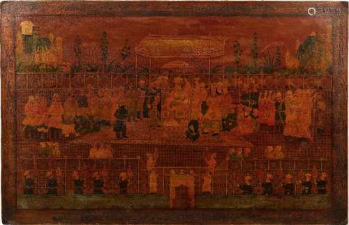 Painted Persian panel Iran, 19th/20th Century depicting a court scene with armed soldiers over