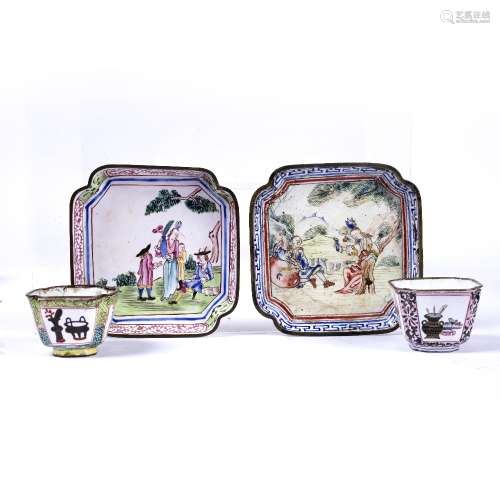Two Canton enamel pin trays Chinese, circa 1740 depicting Westerners, both of square form, a Chinese