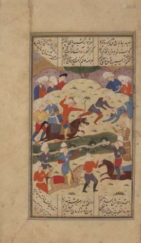 Safavid illustration from Shahnameh Iran, 17th Century battle scene with two columns of text in