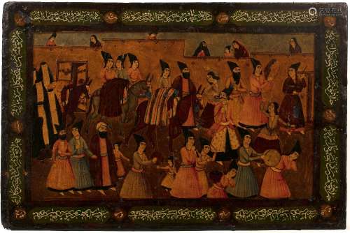 Painted Persian panel Iran, 19th/20th Century depicting a procession with figures on horseback and