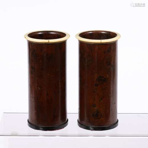 Pair of wood and ivory brush pots Chinese, 19th Century of cylindrical form with ivory mounted