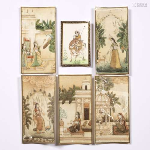 Six miniatures on ivory Indian depicting female figures in a garden and a temple, 15cm x 7.5cm (6)