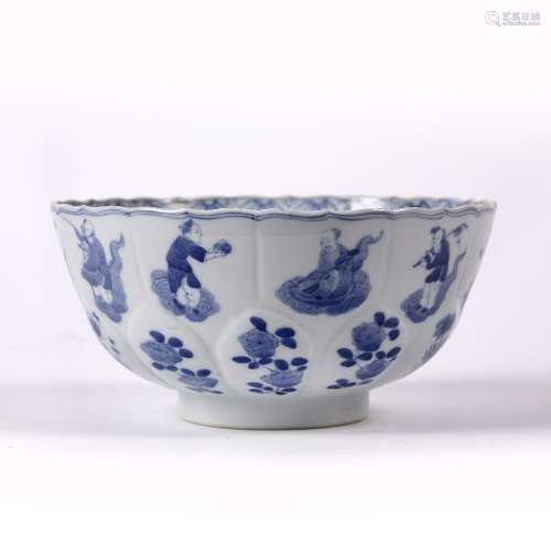 Blue and white porcelain bowl Chinese, Kangxi (1662-1722) of lotus moulded form, painted in panels