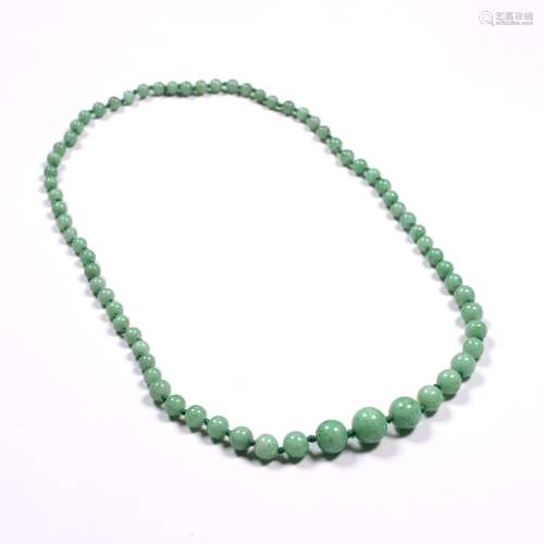 Jade necklace Chinese light apple green with graduated round beads 'Chinese knots', 41cm across